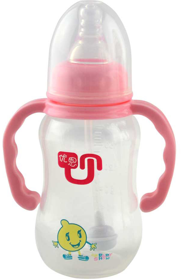 优恩粉色标口带手柄PP奶瓶180ml